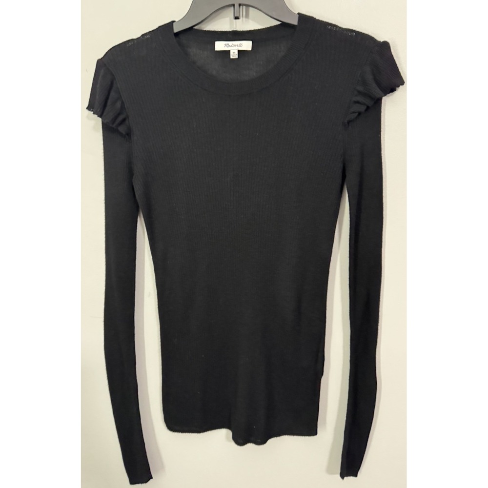 Madewell Sweater Women's See Thru XS Black Ribbed Knit Ruffle Shoulder Crew Neck